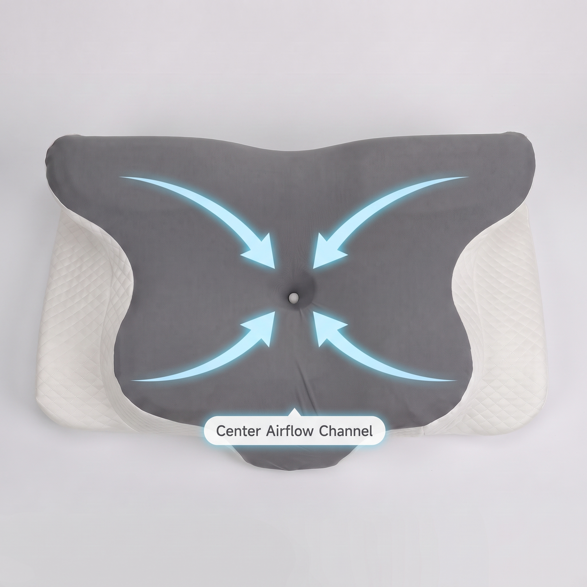 ErgoDream cervical pillow — center airflow channel diagram