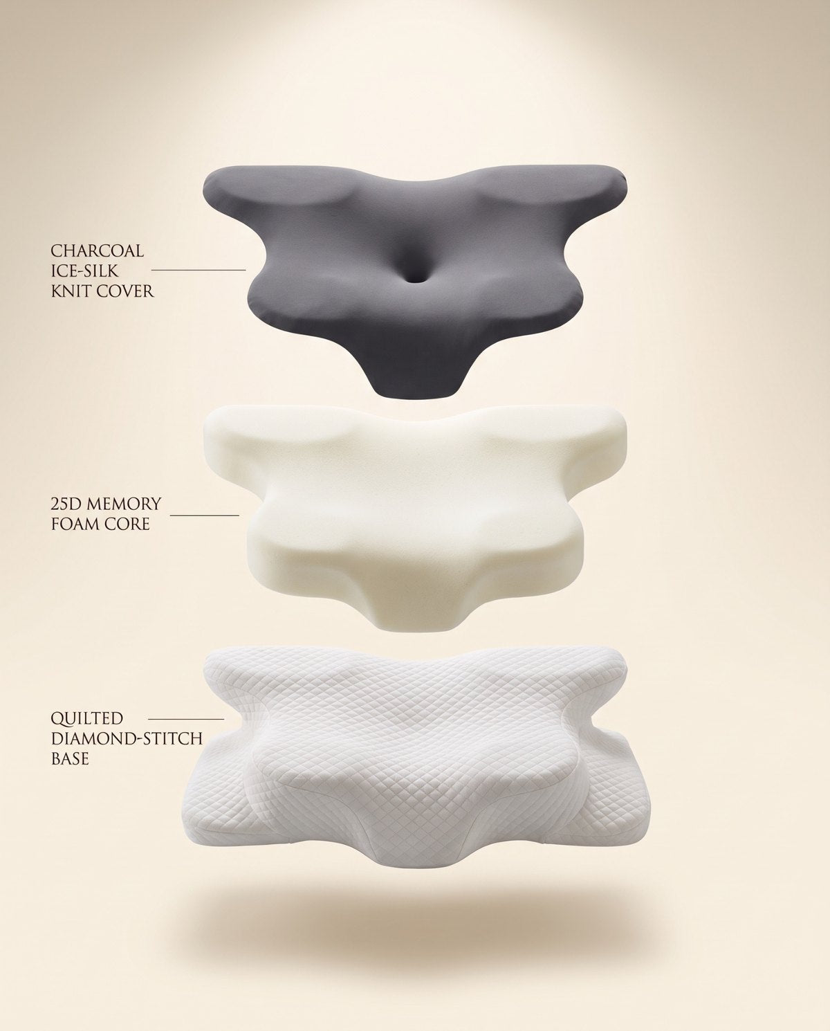 The three layers of the Dream Butterfly Pillow: charcoal ice-silk knit cover, 25D memory foam core and quilted diamond-stitch base